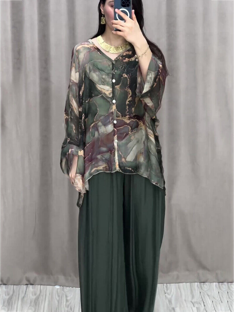 Moda primavera nova camisa impressa pintada à mão top calças de pernas largas conjunto de duas peças para mulheres