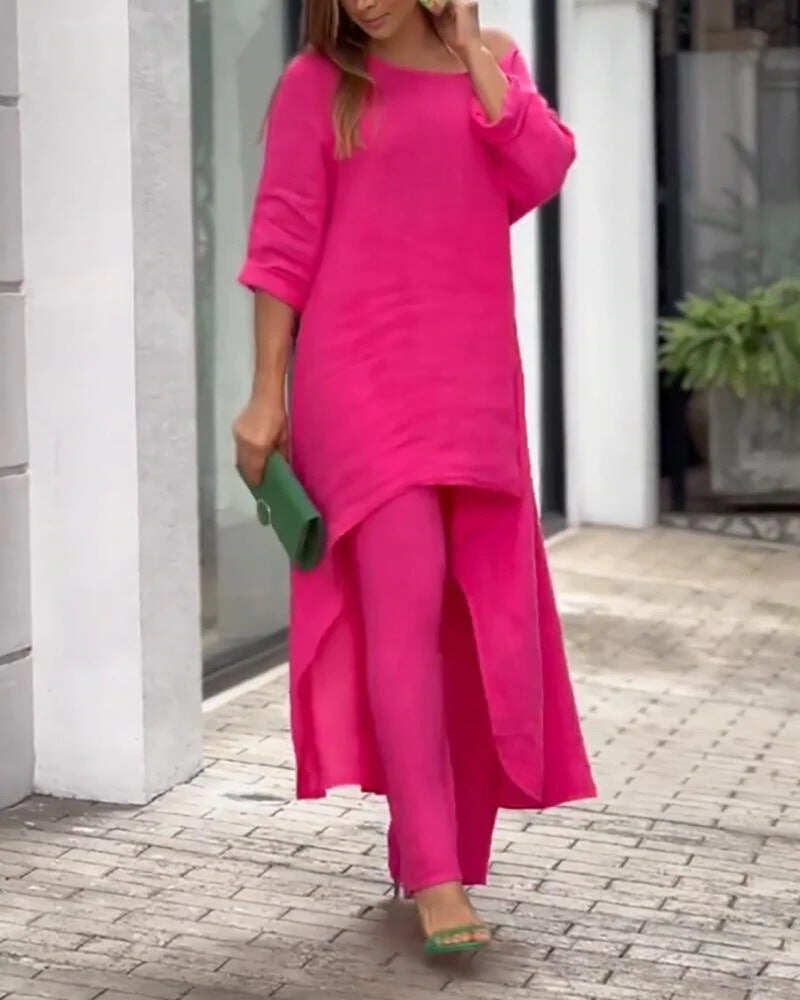 Novo vestuário de lazer de Verão 2023, conjunto de calças de manga comprida de cintura alta