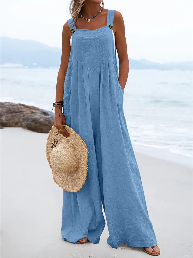 Лятото нов плътен цвят бутон подвеска гащеризон широк крак панталони