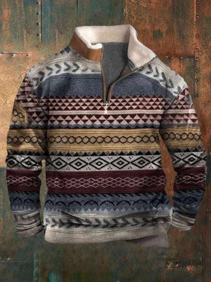 Moletom masculino com zíper e estampa vintage ocidental de pelúcia com gola alta