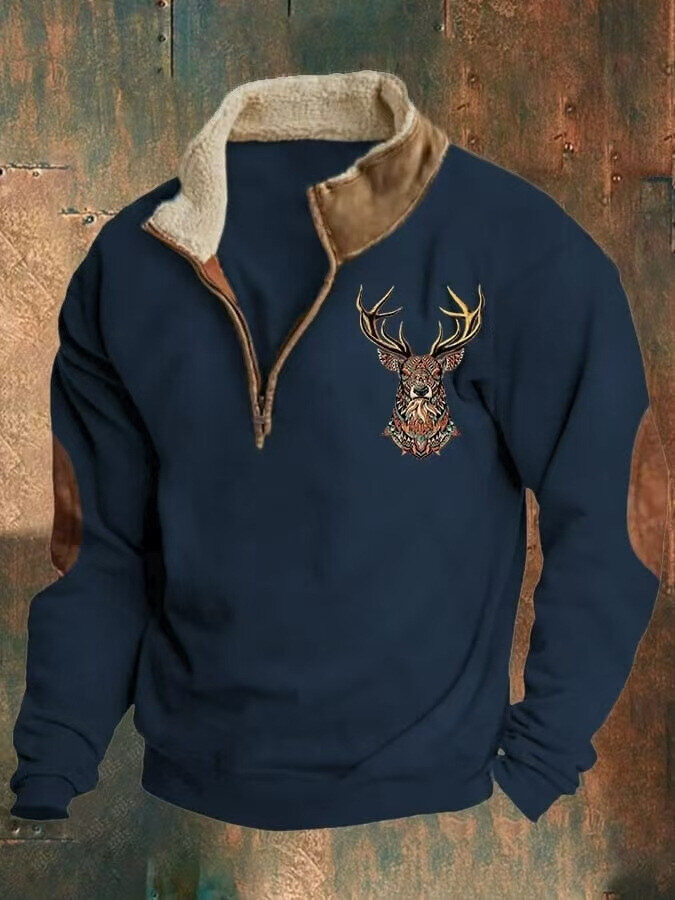 Pulôver masculino com gola alta estampada estilo ocidental e zíper