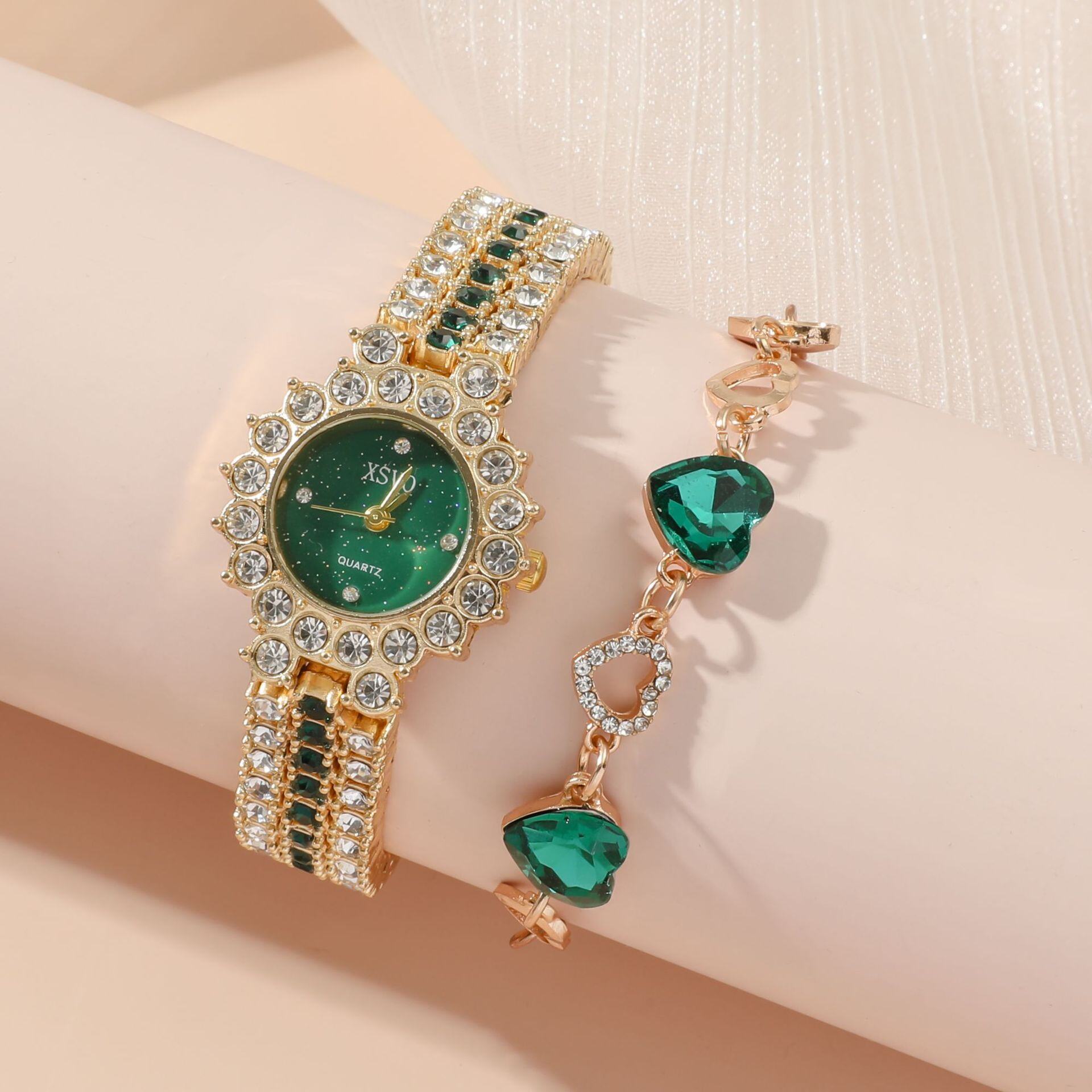 Conjunto de relógio feminino de quartzo, conjunto de brincos, colar de strass