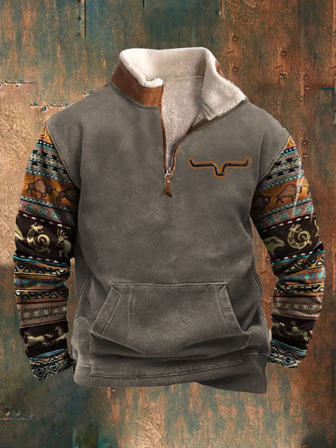 SUÉTERES MASCULINOS COM ZÍPER E PELE EM ESTILO ÉTNICO VINTAGE COM ESTAMPA