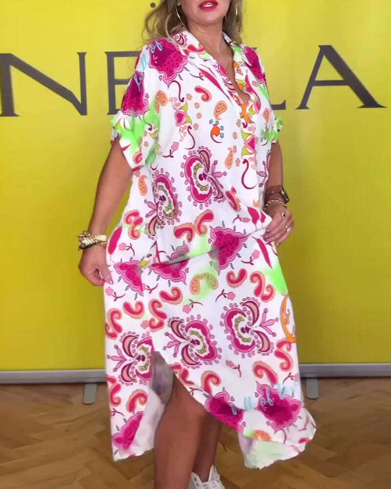 Vestido solto estampado com lapela casual