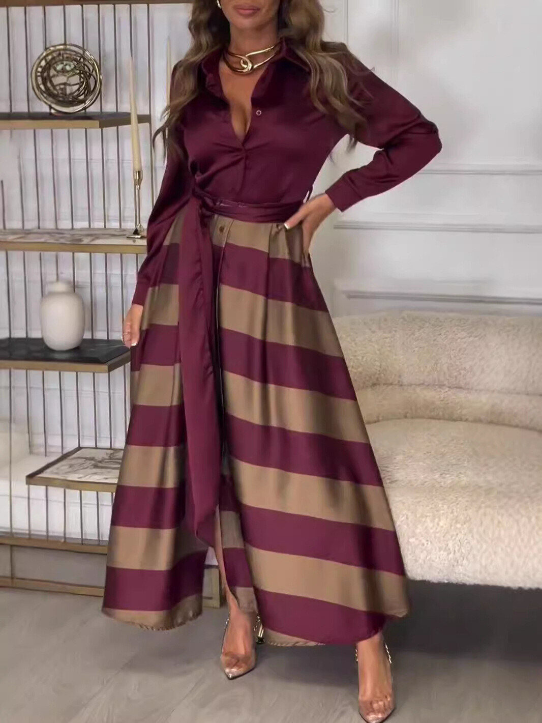 Vestido longo elegante em patchwork com renda