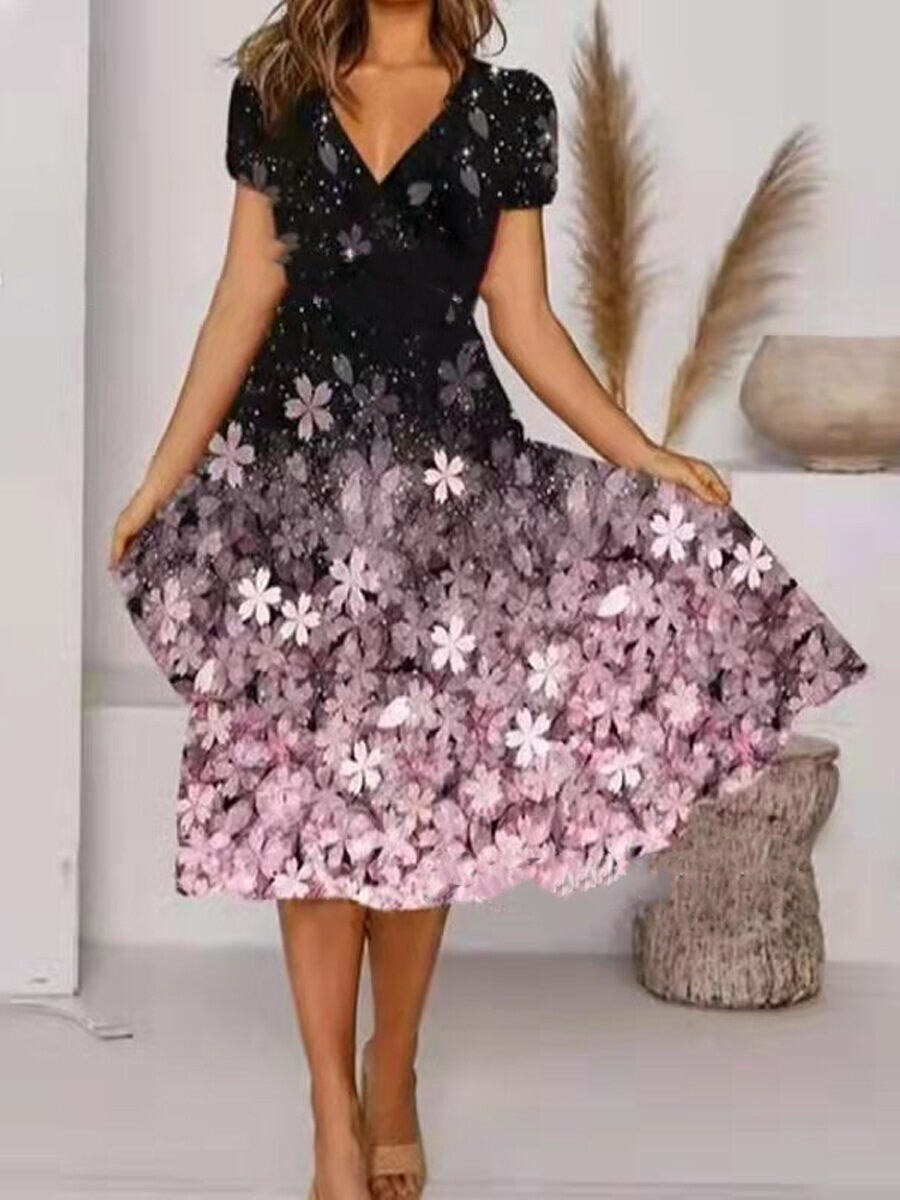 Vestido swing manga curta com estampa floral estrela 2024
