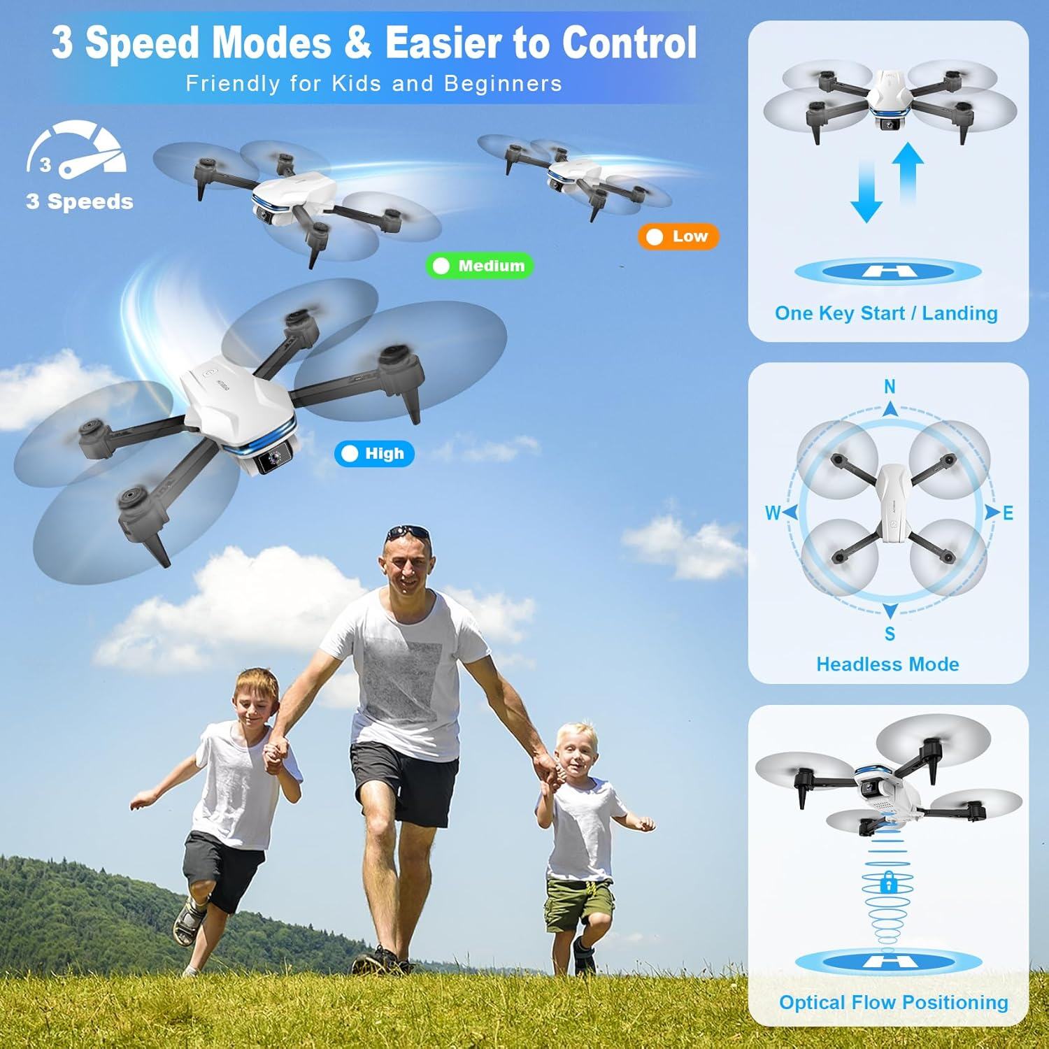 Drone com câmera 1080P HD FPV Drone dobrável para iniciantes e crianças, Quadcopter com controle de gestos de voz com estojo de transporte, decolagem/pouso com uma tecla, posicionamento de fluxo óptico, giro de 360°, voo de ponto de passagem