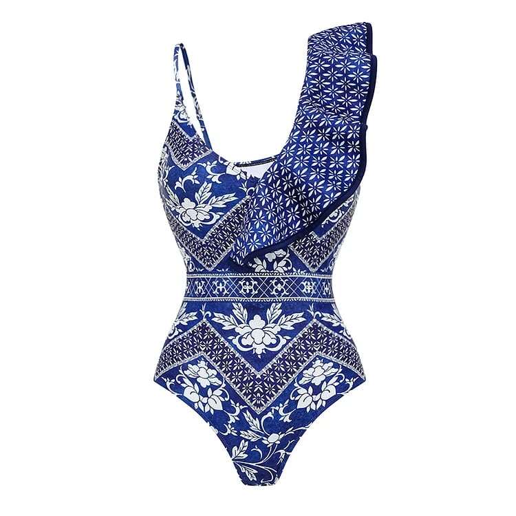 🔥 Summer Glam - V Neck Ruffled Blue Print One Piece Swimsuit Set