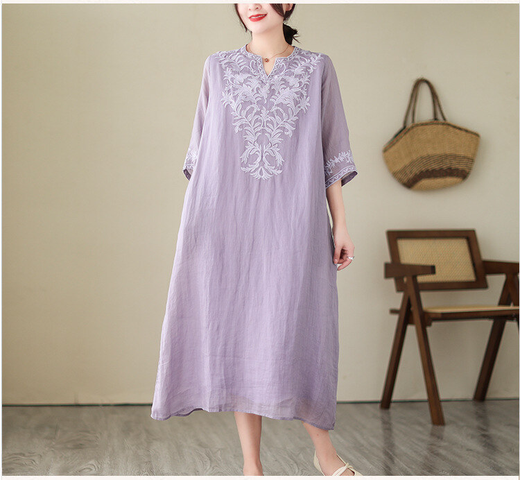 Vestido bordado de linho 2024 verão solto tamanho grande manga curta algodão e linho vestido feminino comprimento médio