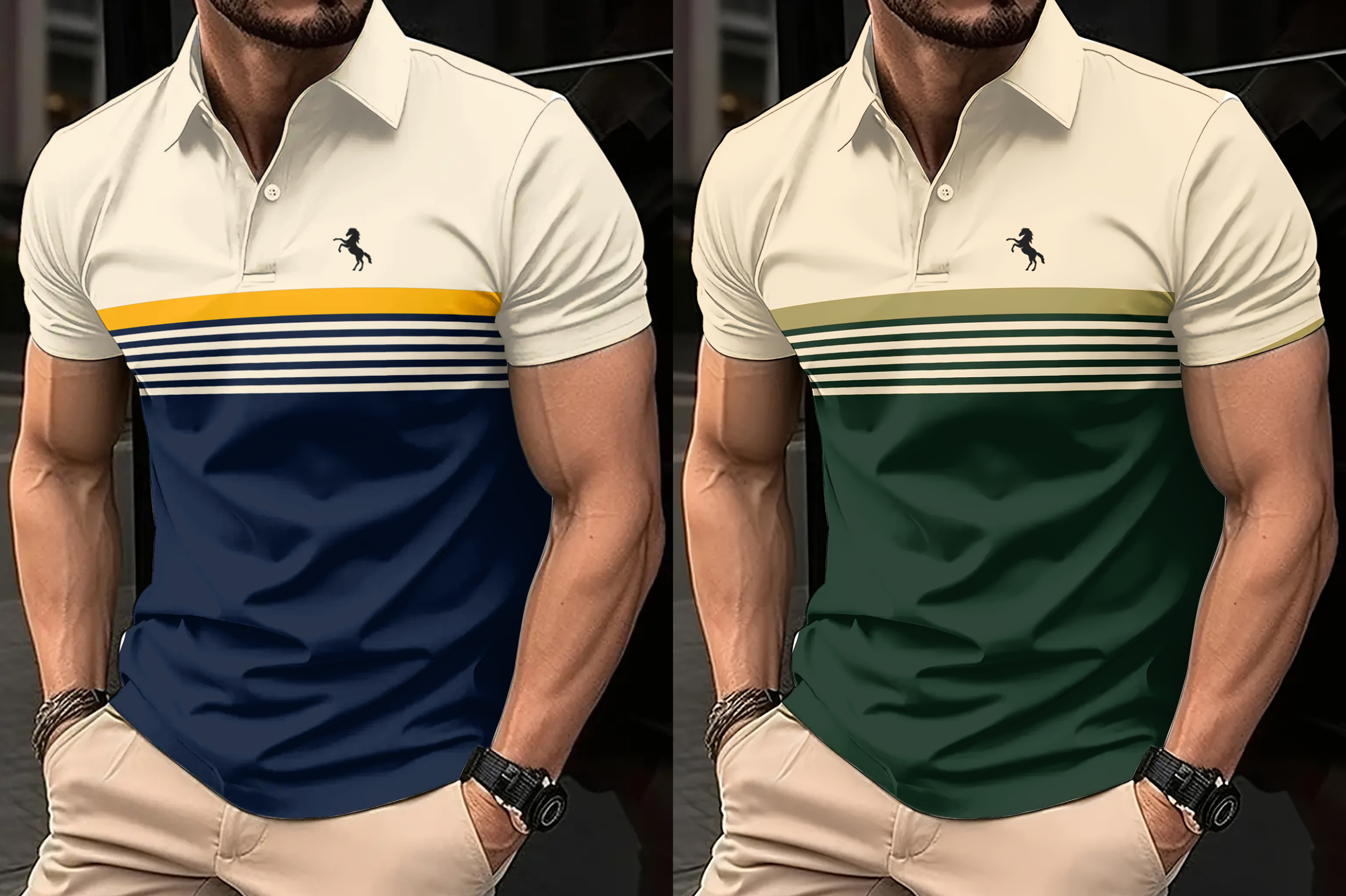 Pack de 2 camisas polo casuais de manga curta para homem, estampa de cavalo 3D, riscas coloridas, estilo desportivo, tecido de poliéster leve, camisa polo de golfe com botões