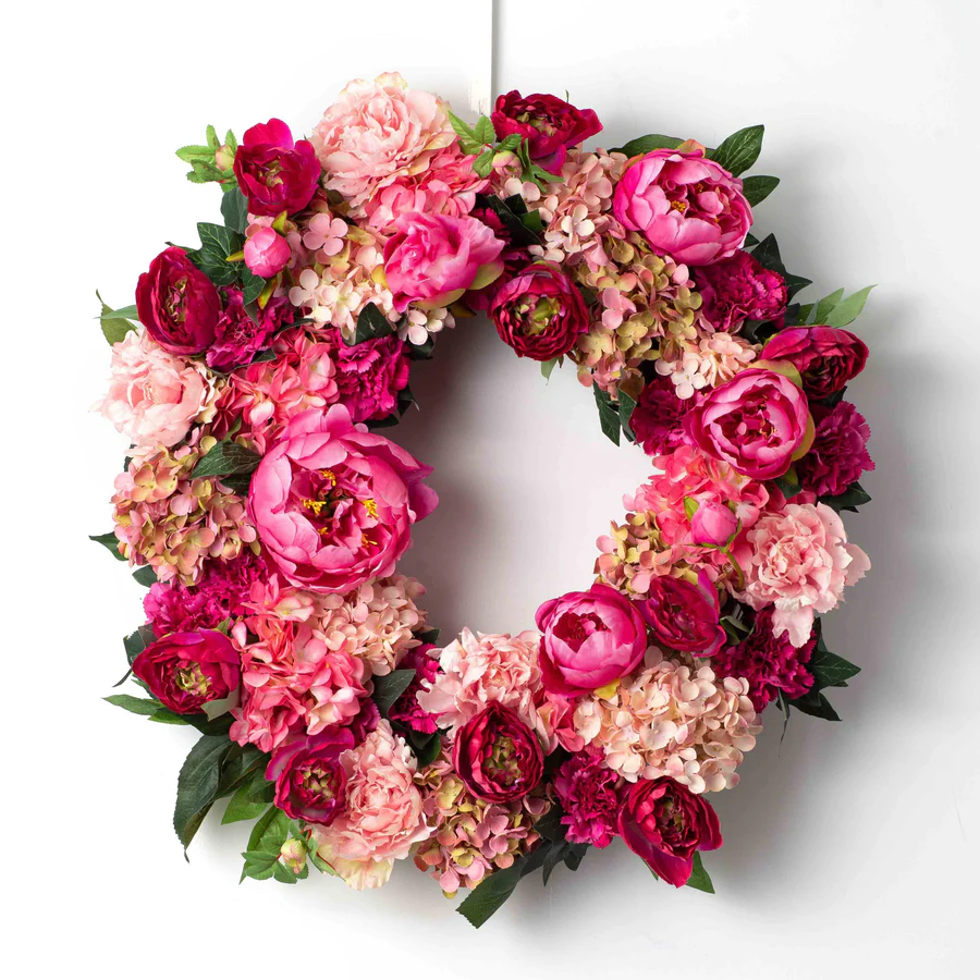 Flores coradas - guirlanda de porta primavera verão mista de hortênsia rosa e peônia
