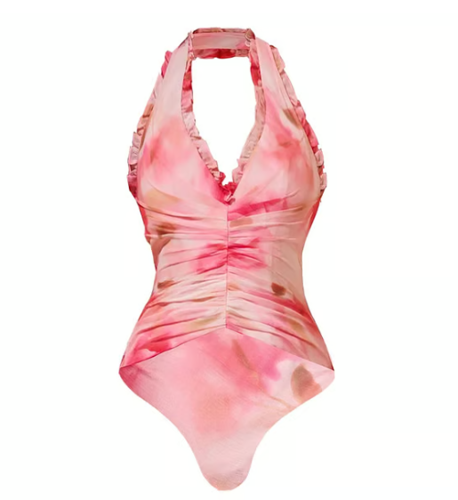 Pink Flower-dyed Halter Neck One Piece and Skirt Swimsuit Set
