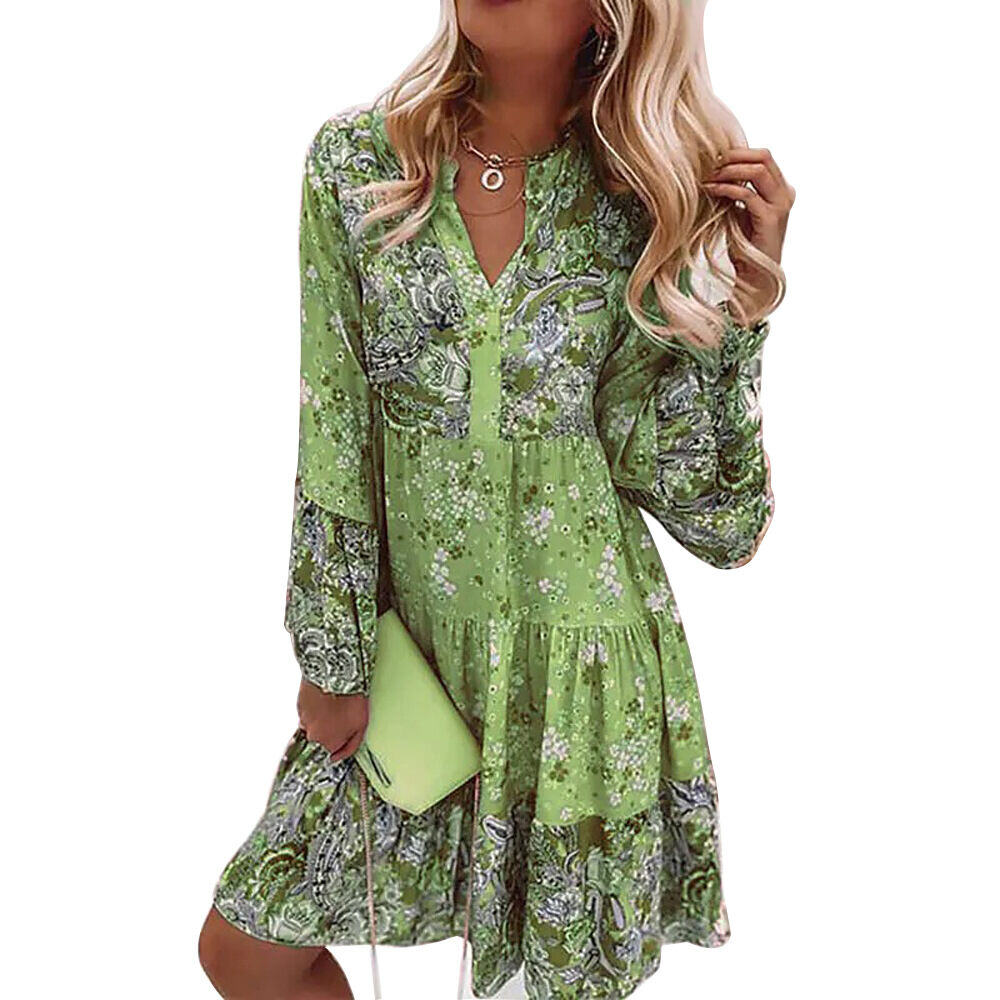 2024 Nova primavera e outono estilo floresta vestido com decote em V estampado manga sino com saia
