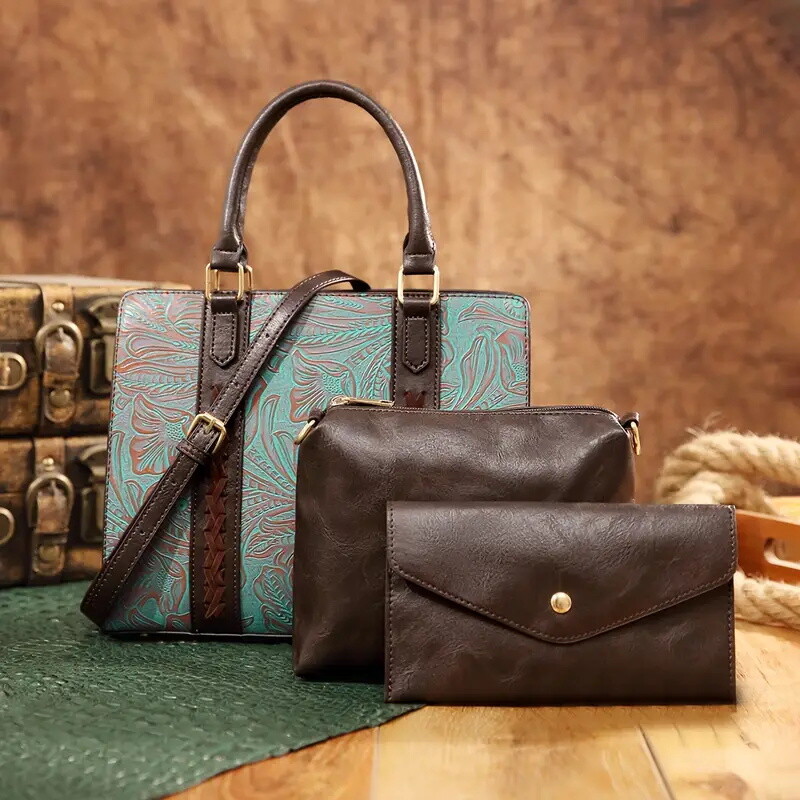 Vintage Floral Carved Tote Bag Set, 3-Piece  Leather Handbag