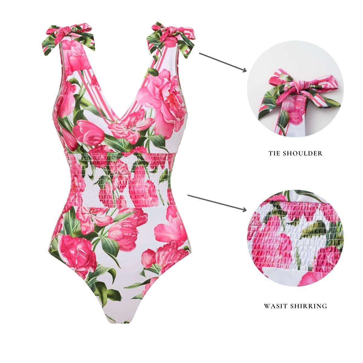 🌼 Tie Shoulder Shirring Flower Print One Piece Swimsuit and Skirt 👙