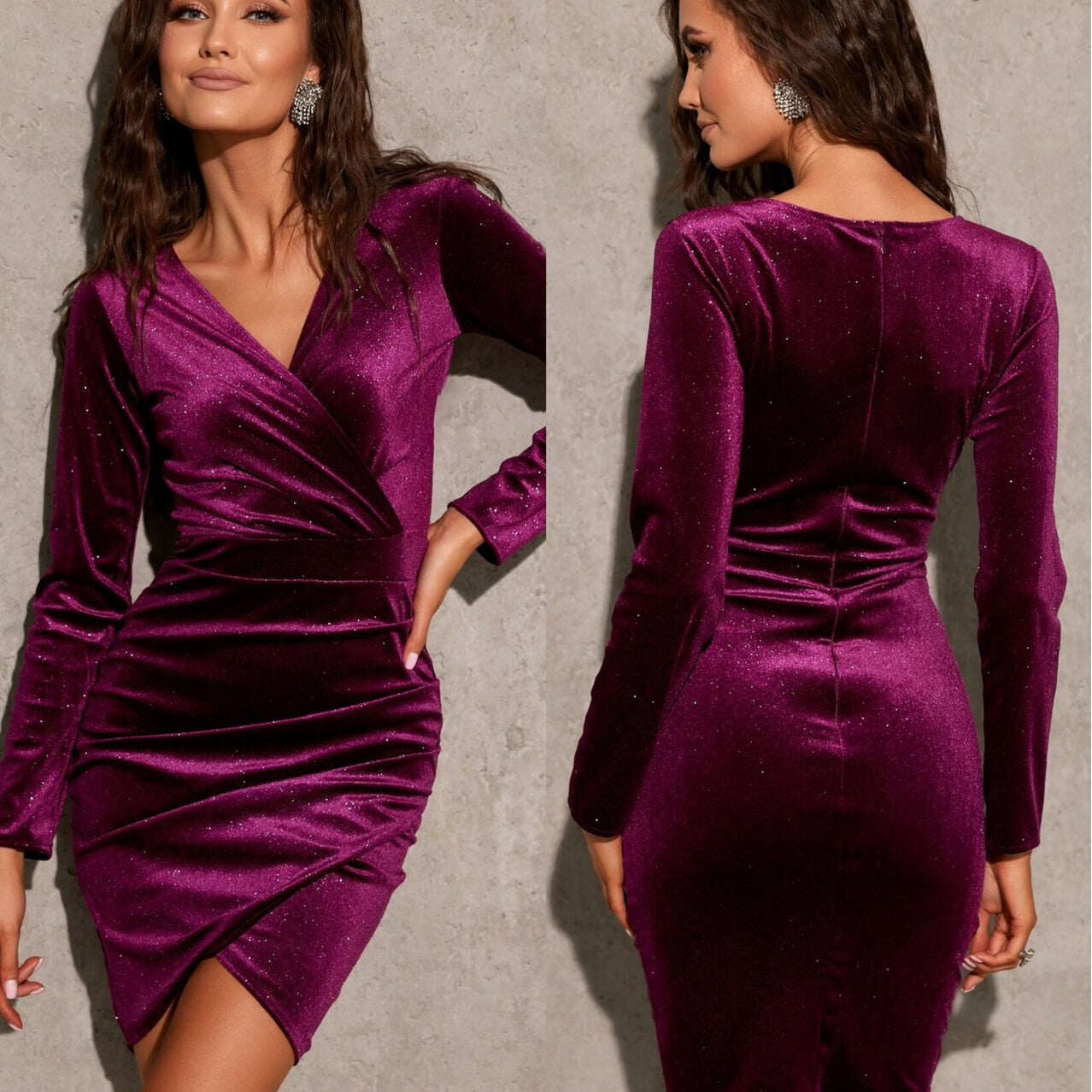 VESTIDO SEXY DECOTE EM V MANGA COMPRIDA OURO VELUDO