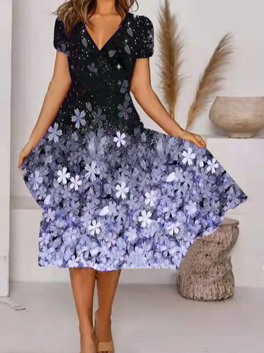 Vestido swing manga curta com estampa floral estrela 2024