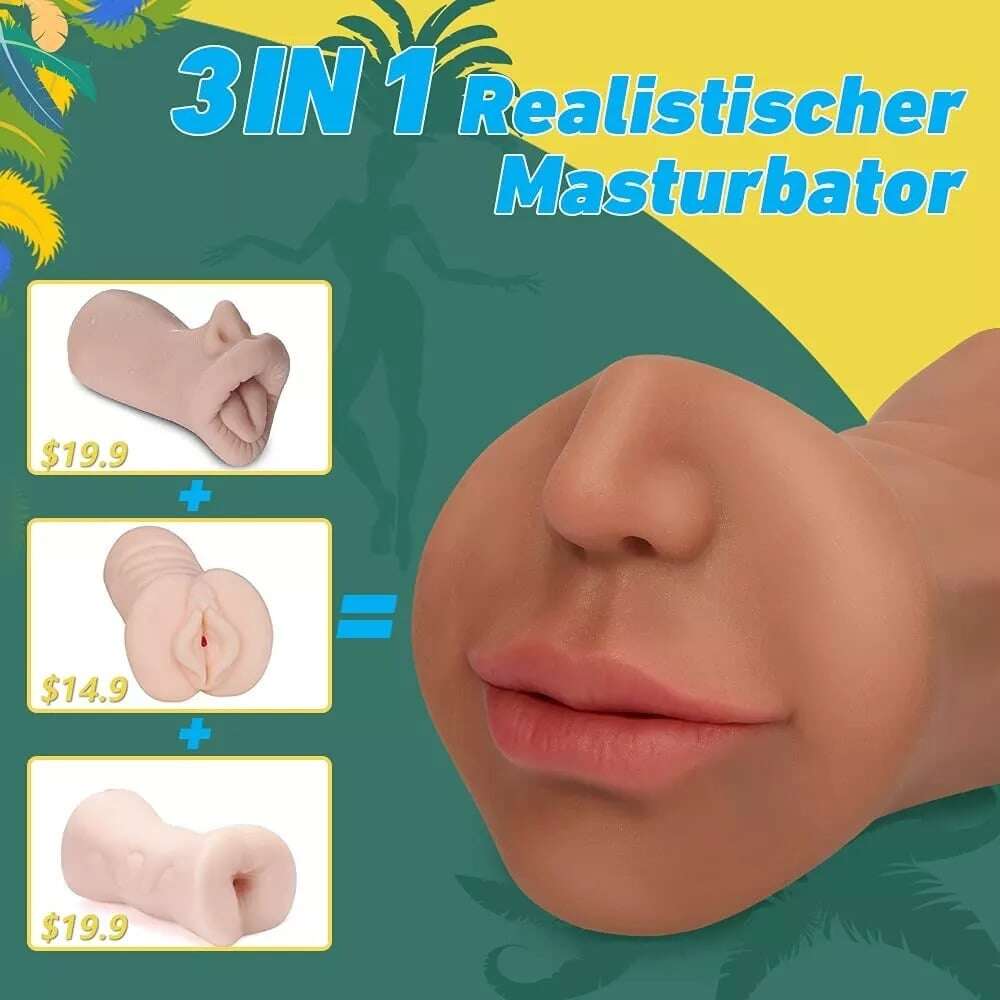 3 in 1 Tanned Lifelike Face Pocket Pussy Blowjob Masturbator Stroker