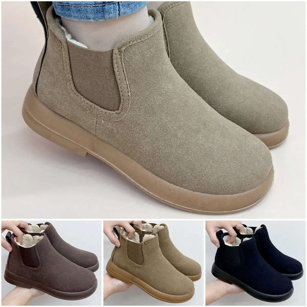 Botas femininas de neve quentes com forro de pelúcia e cano curto