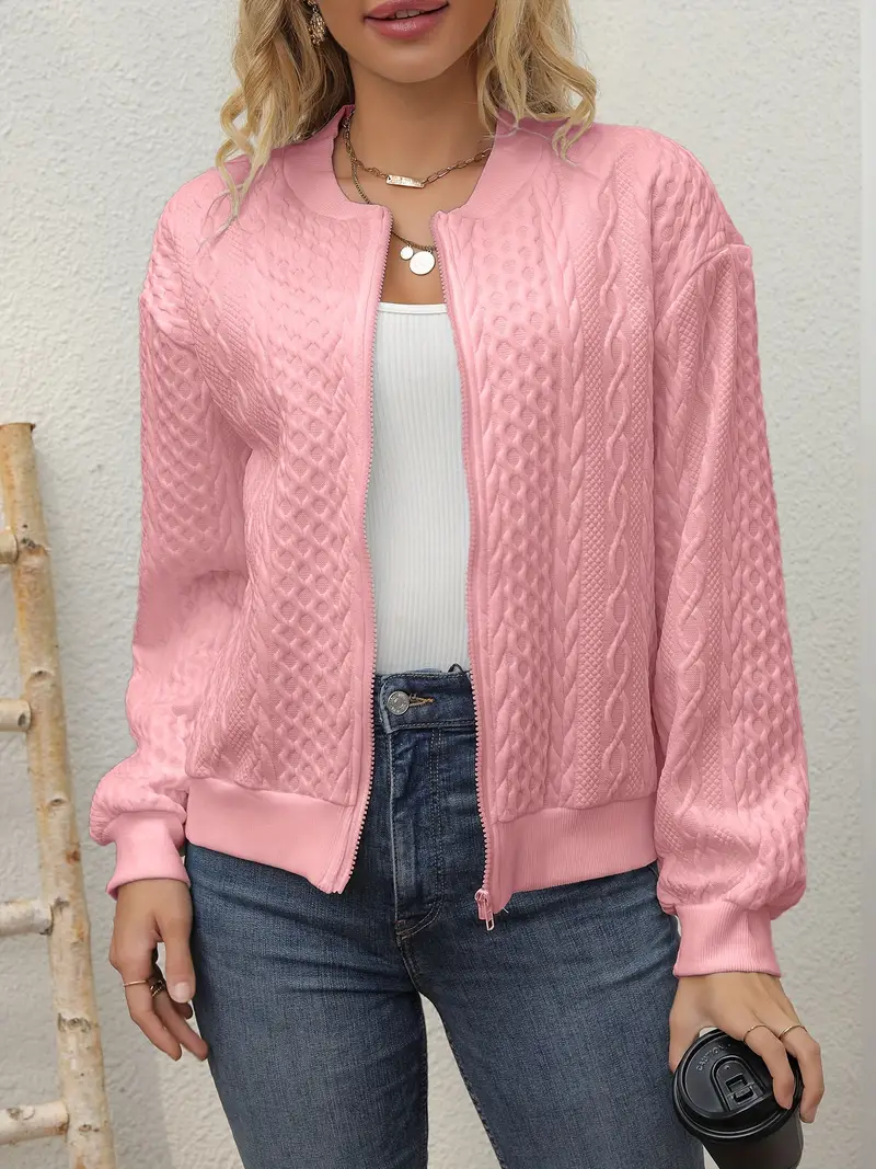 Jaqueta com textura de cor sólida - jaqueta casual de manga comprida com zíper