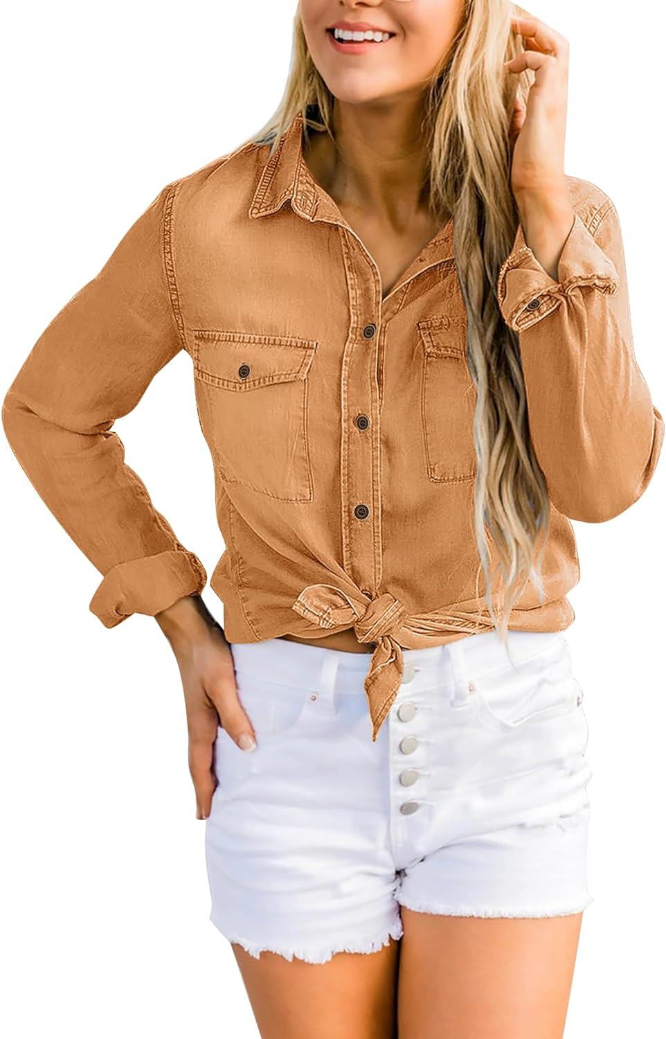 luvamia farmer ing Női Chambray Jean Western Shirts Hosszú ujjú gombos felsők