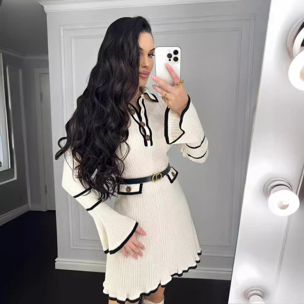 Vestido de manga comprida elegante e cor contrastante com manga sino pequeno estilo perfumado e saia curta para mulheres