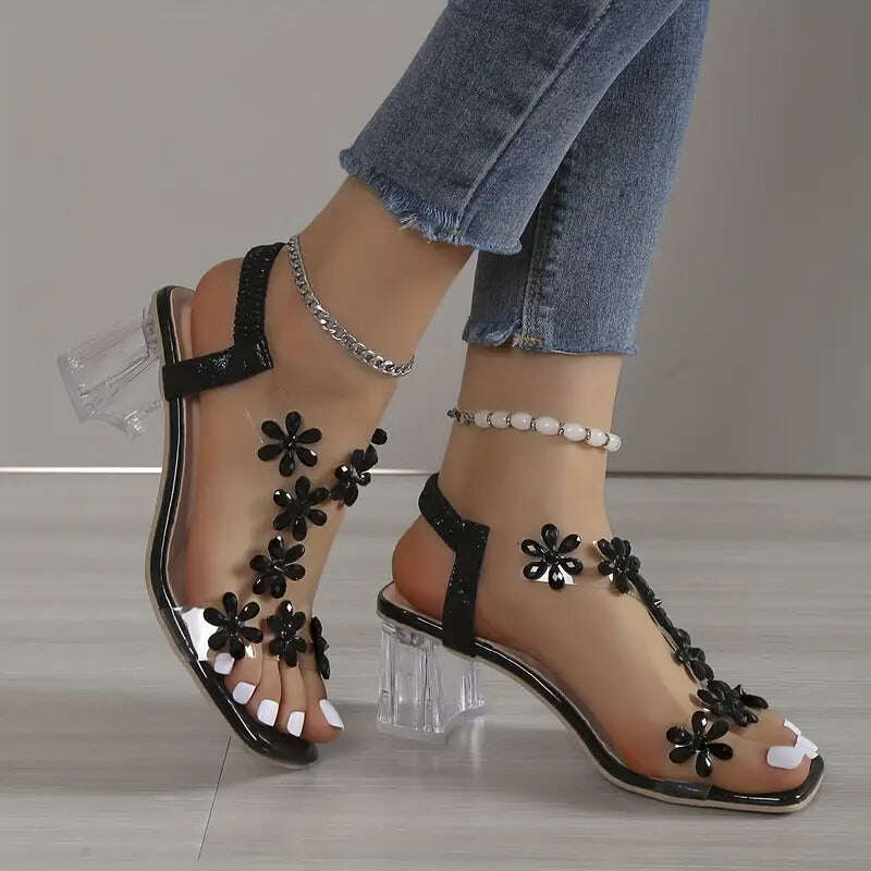 🔥Promoção de último dia com 50% de desconto - sandálias femininas de salto bloco com cristais de flores