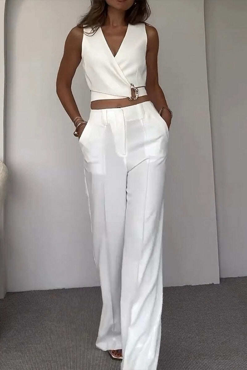 Diário Elegante Cor Sólida Bolso Alças Cruzadas Decote V Sem Mangas Duas Peças