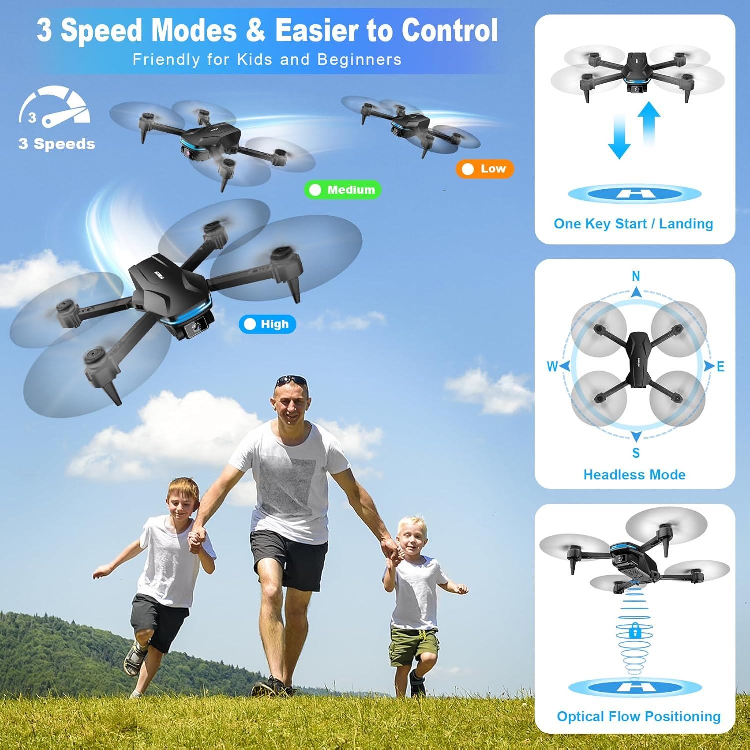 Drone com câmera 1080P HD FPV Drone dobrável para iniciantes e crianças, Quadcopter com controle de gestos de voz com estojo de transporte, decolagem/pouso com uma tecla, posicionamento de fluxo óptico, giro de 360°, voo de ponto de passagem