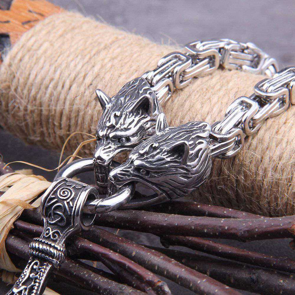 Nordycko® |. Colar de cabeça de lobo estilo viking nórdico com martelo