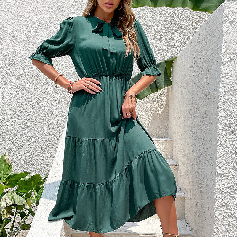 Vestido de cor sólida com laço enrugado da moda europeia e americana para o verão 2024