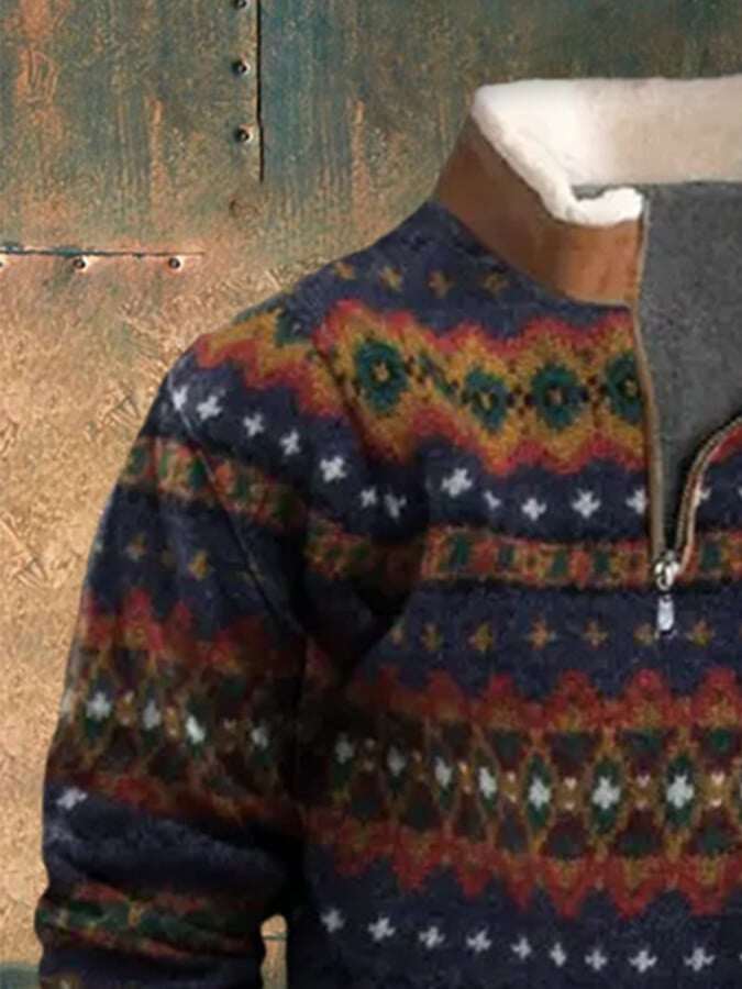 Moletom masculino com zíper e estampa vintage ocidental de pelúcia com gola alta