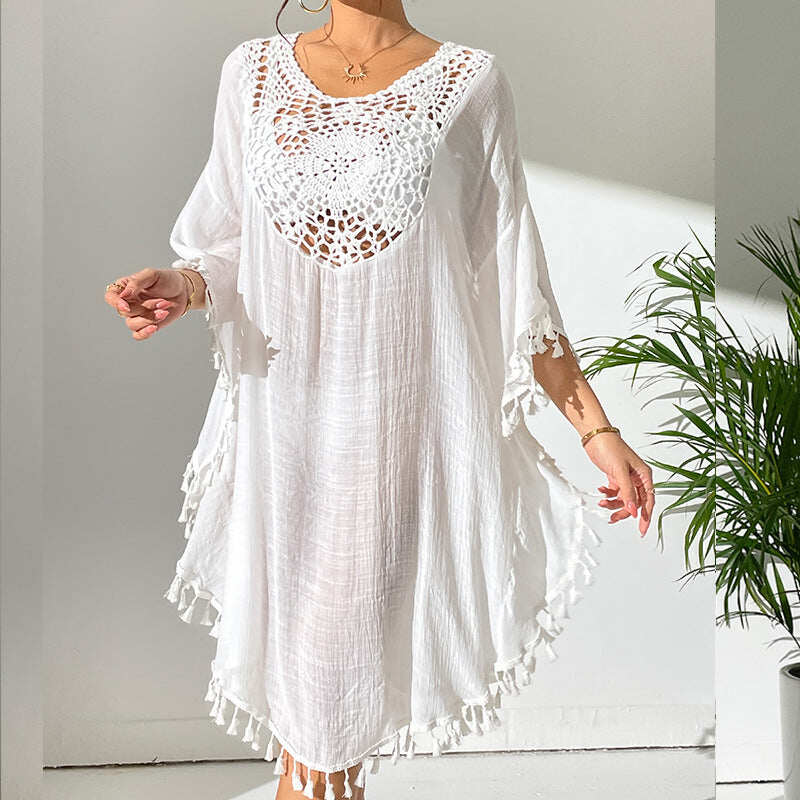 Vestido Resort Sunset com Franjas e Gola Redonda