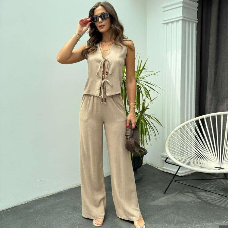 2024 fato de verão feminino sem mangas cardigan rendas colete calças soltas conjunto de duas peças feminino