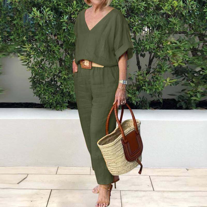 Terno feminino de algodão e linho com decote em V na primavera de 2024