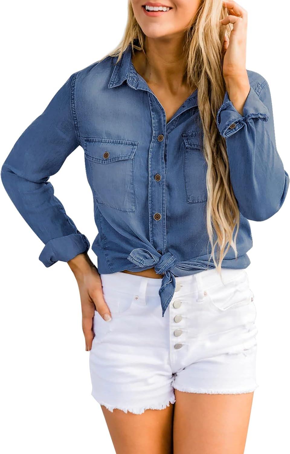 luvamia farmer ing Női Chambray Jean Western Shirts Hosszú ujjú gombos felsők