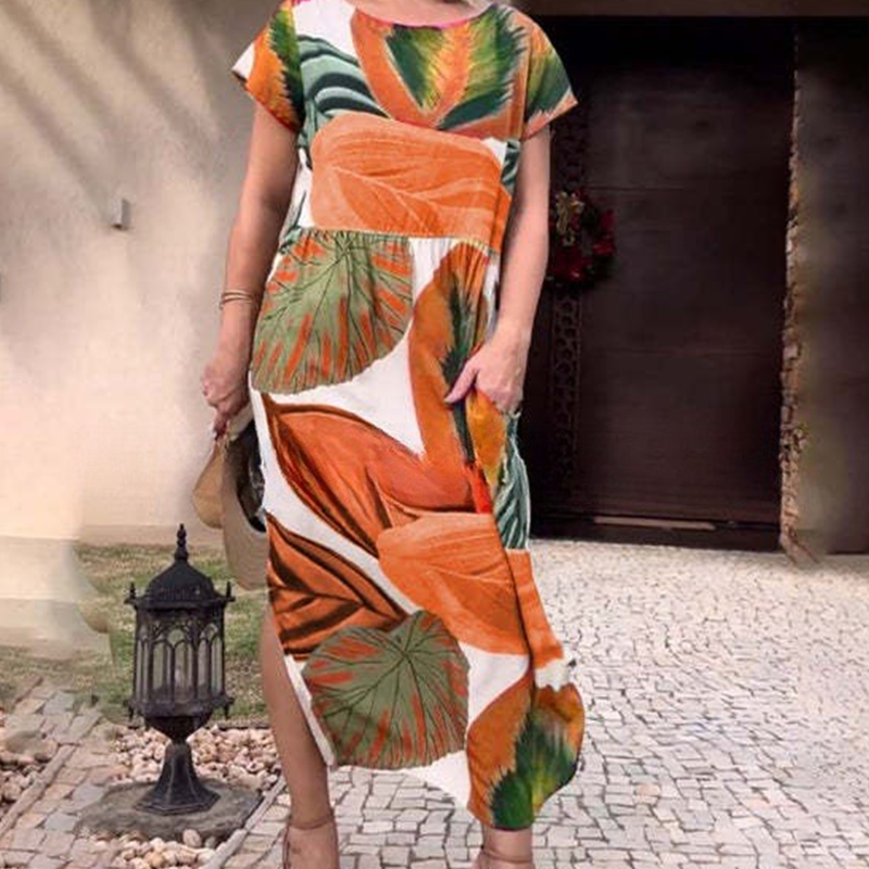 Leaf Print Round Neck Side Split Dress