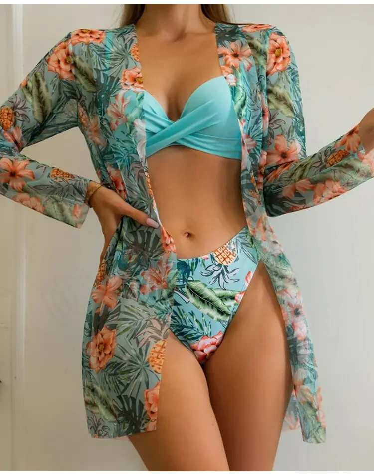 【Három részes készlet】👙 2024-es új, nyomtatott női fürdőruha szett, új 3 részes bikini