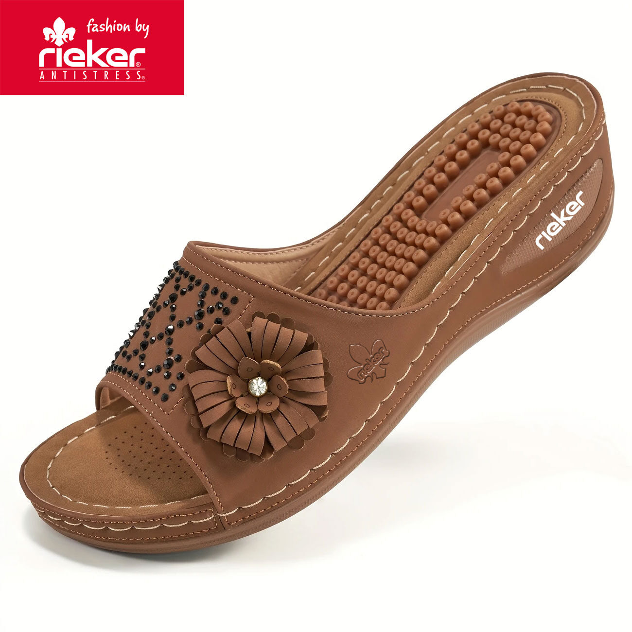 Rieker, letnie nowe damskie sandały ortopedyczne na koturnie z kwiatowym wzorem z 2025 r.