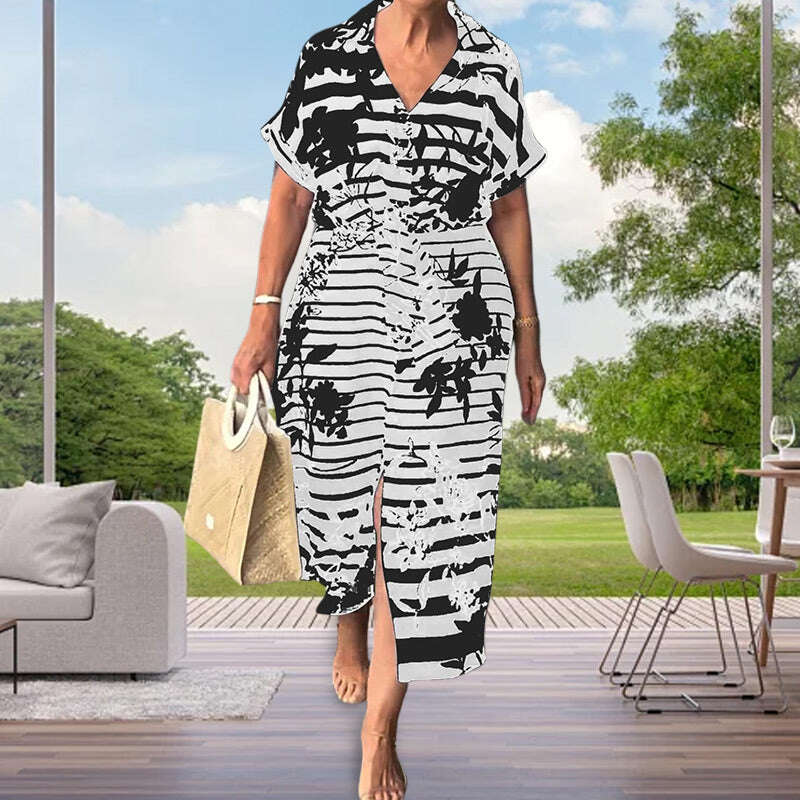 Рокля с къс ръкав с флорален принт и цепка в долната част