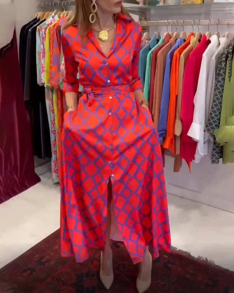 Vestido camisa com decote em V e manga 3/4