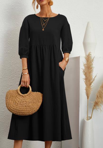 Модерна едноцветна рокля с широки ръкави от памучно платно и джобове