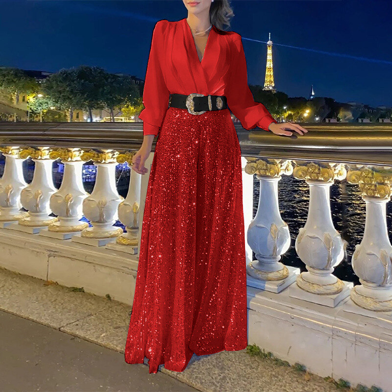 2024 vestidos femininos primavera outono premium decote em v manga comprida elegante cintura lantejoulas vestido francês