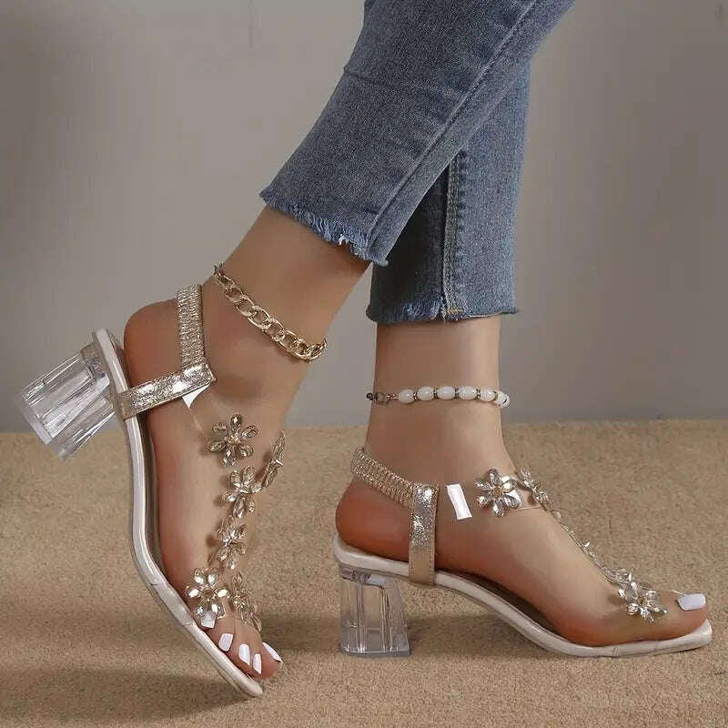 🔥Promoção de último dia com 50% de desconto - sandálias femininas de salto bloco com cristais de flores