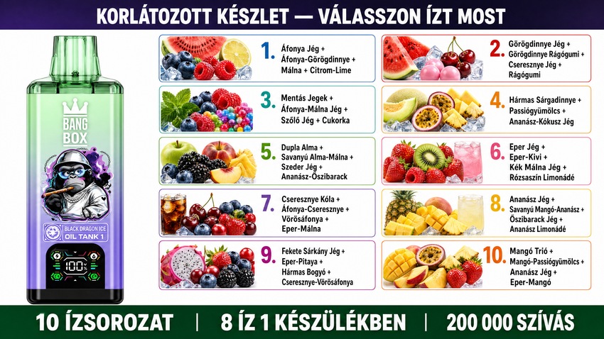 Bang Box 200K 10 ízsorozat teljes lista - áfonya görögdinnye eper mangó fekete sárkány jég