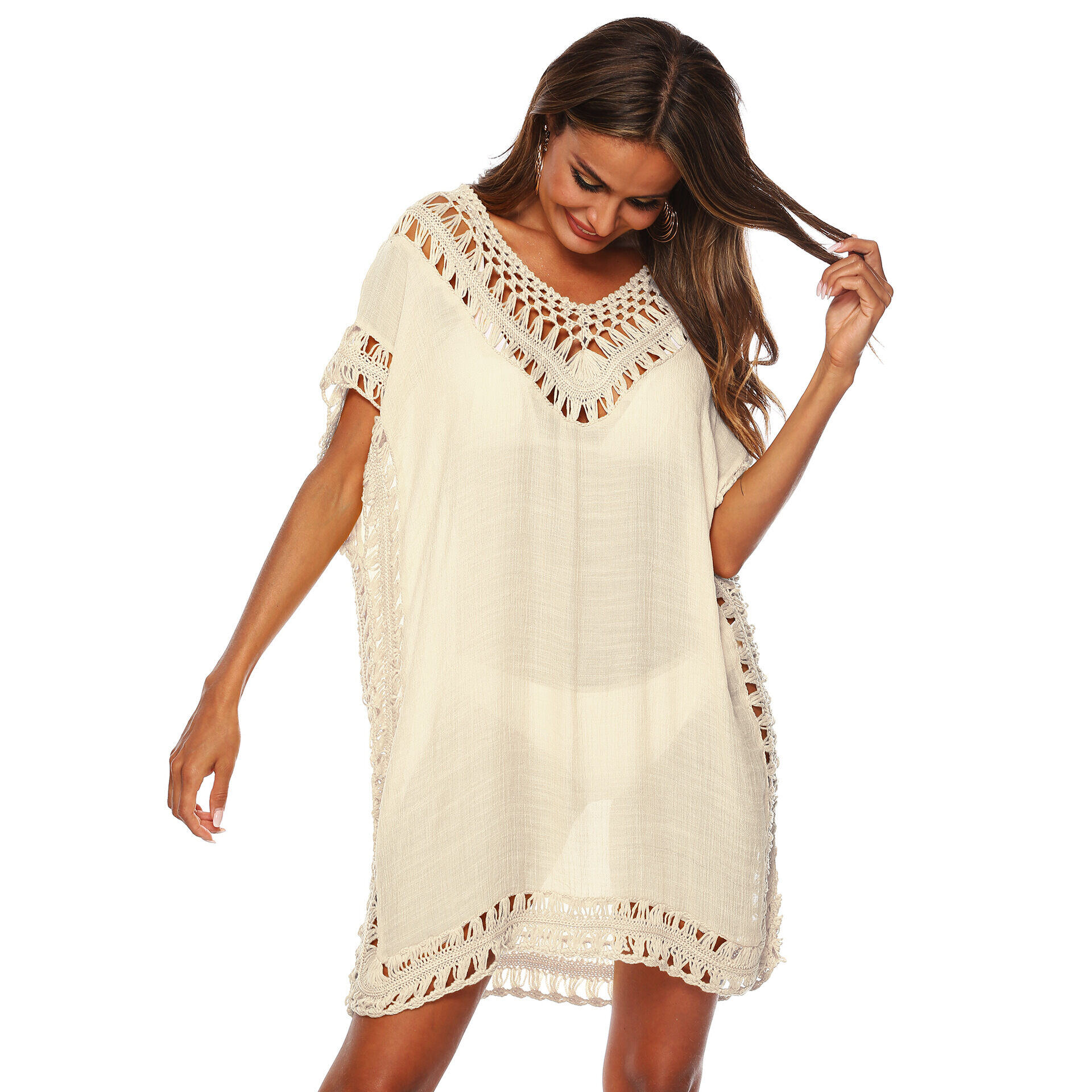 Sexy decote em V patchwork decote em V solto oco vestido de praia