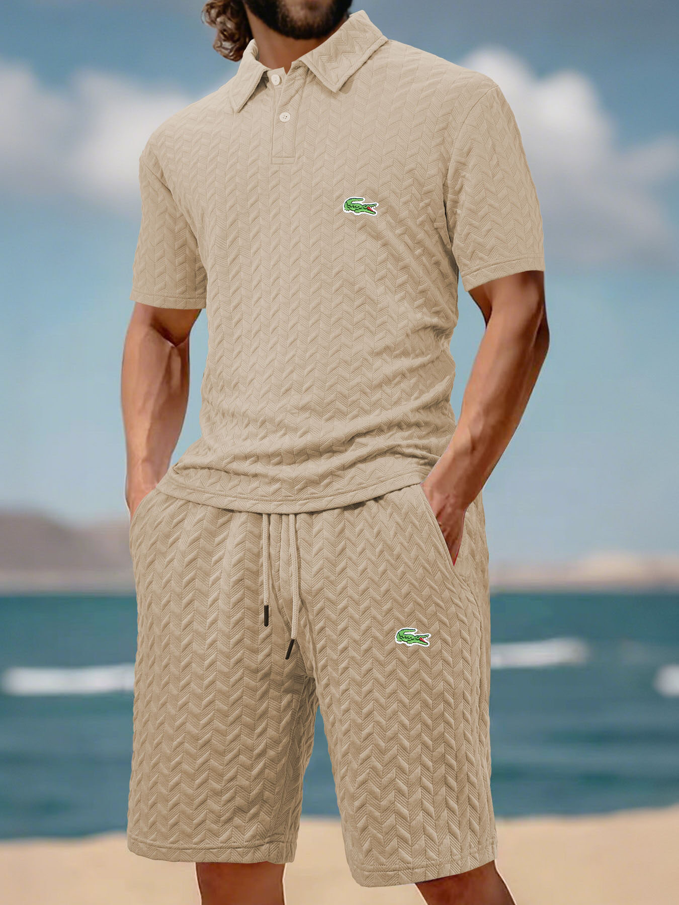 Lacoste Męski Premium Casual Business Sport Krótkie spodenki z krótkim rękawem Polo Garnitur