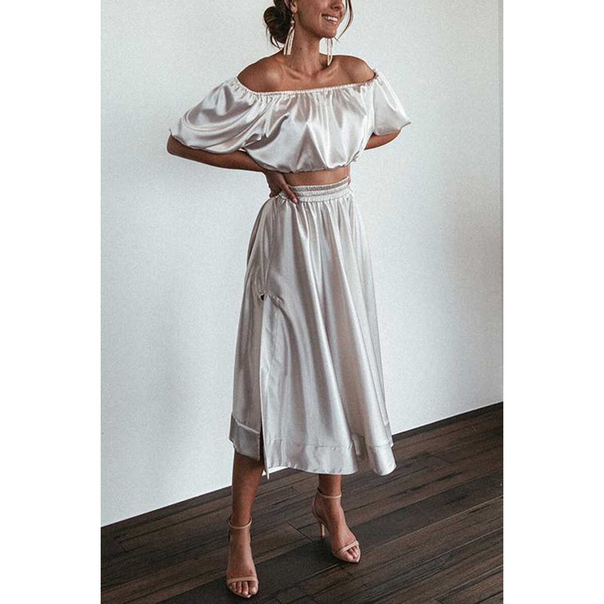 2023 New European and American Satin Off-shoulder Dress Set