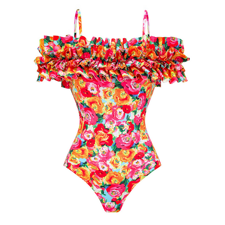 👑 Detachable Double Shoulder Strap With Ruffles One Piece Swimsuit and Sarong 💟