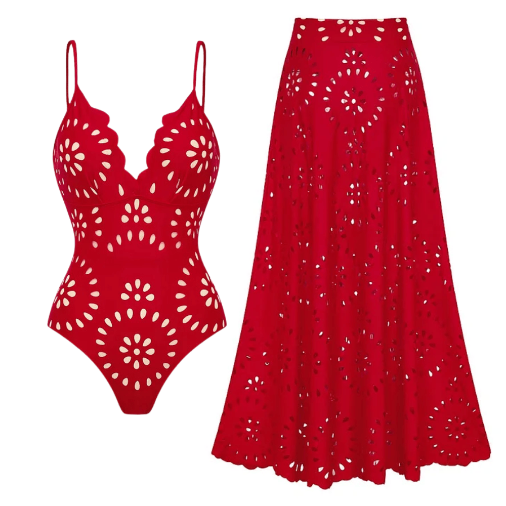 💖 2025 New 👙 Laser Cutting Flower Hollow Flared Skirt Swimsuit Set